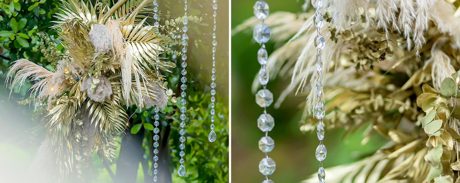 Trichonida Lake Wedding 8 Rogdaki Events styled this golden ceremony in agrinio with pampas, crystals, and luxe botanical textures