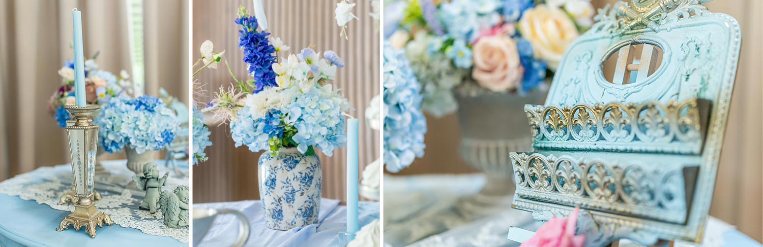 A Signature Wedding & Baptism Production in Blue 22 Vintage inspired wish table in pastel blue tones, featuring lace, porcelain, and floral arrangements by Rogdaki Events