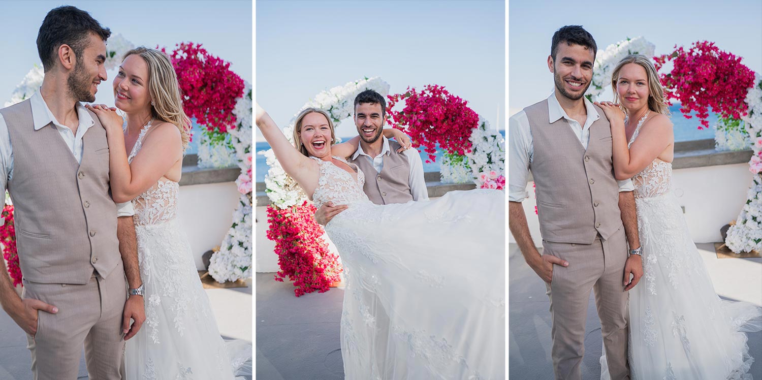 Γάμος σε Ταβέρνα στη Σαντορίνη 10 Γάμος στη Σαντορίνη με Rogdaki Events ρομαντικές στιγμές τελετής με φόντο το Αιγαίο και λουλούδια