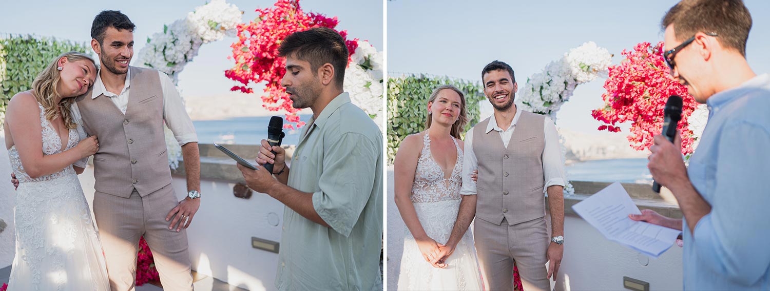 Γάμος σε Ταβέρνα στη Σαντορίνη 8 Γάμος στη Σαντορίνη με Rogdaki Events συγκινητικές ομιλίες στην τελετή με θέα το Αιγαίο και λουλούδια