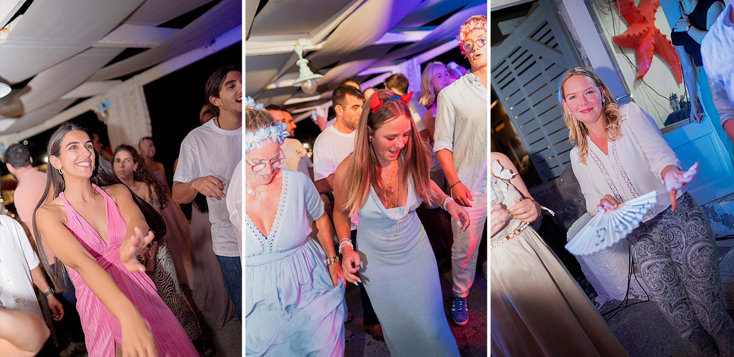 Γάμος σε Ταβέρνα στη Σαντορίνη 37 Καλεσμένοι χορεύουν ασταμάτητα στην εξέδρα, γιορτάζοντας έναν μοναδικό γάμο από τη Rogdaki Events σε ταβέρνα στη Σαντορίνη