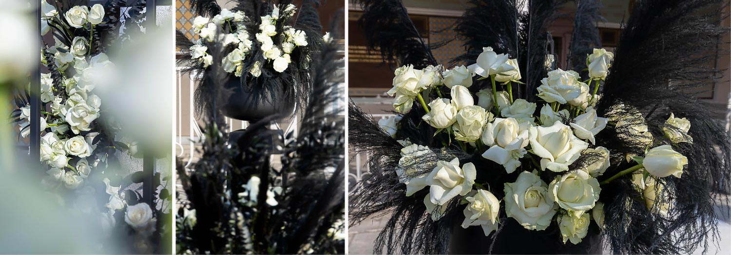 Ένας Γάμος με Υψηλή Αισθητική 8 Λεπτομέρεια ανθοστολισμού με λευκά τριαντάφυλλα σε μαύρα βάζα για Classy Wedding από τη Rogdaki Events στον Άγιο Ανδρέα