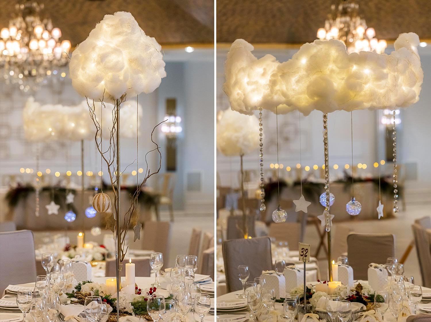 Baptism composition at Pythari with illuminated clouds, crystal details, and the elegant Christmas aesthetic of Rogdaki Events.