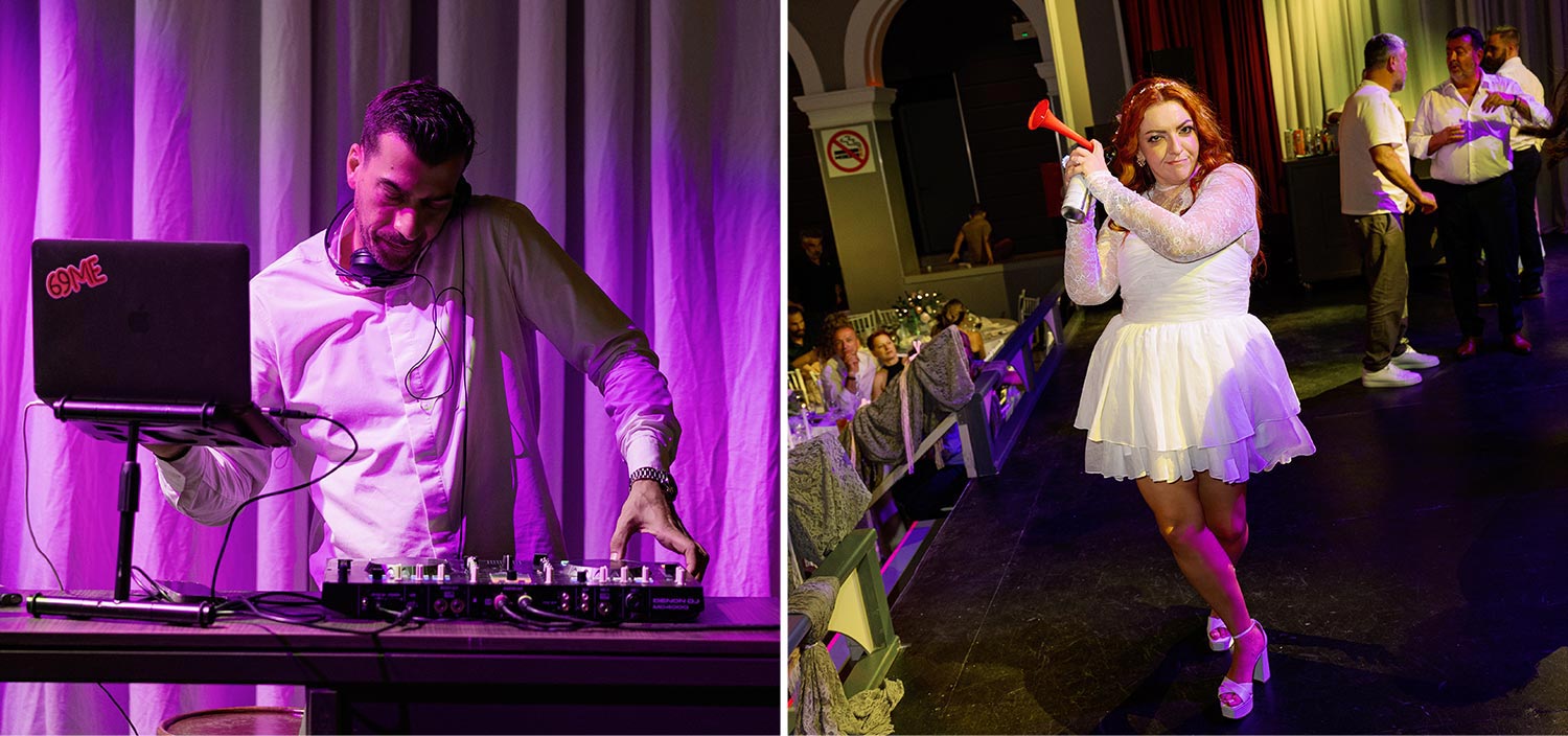 A Bridgerton Wedding in Greece 50 DJ Nikos Moschovakis on the decks and the bride having fun with an air horn, setting the beat at the Royal venue reception party.