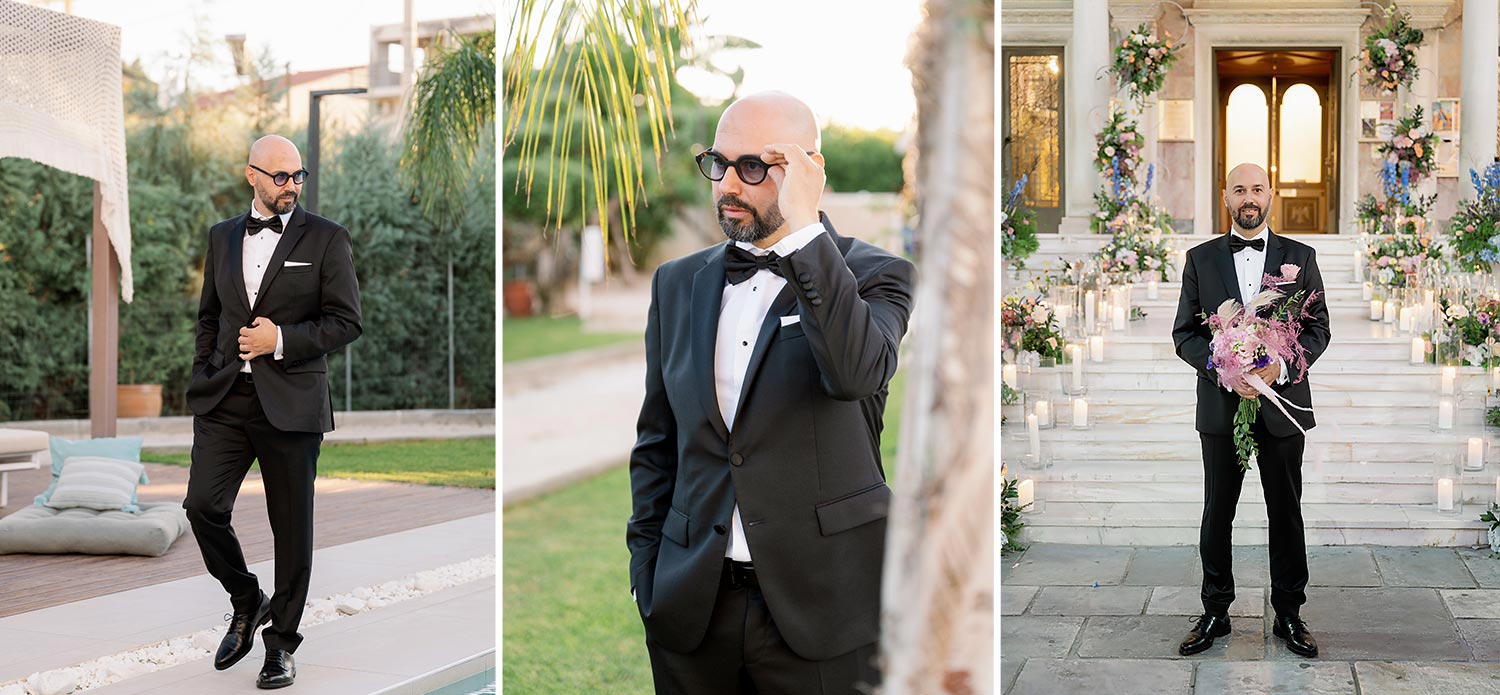 A Bridgerton Wedding in Greece 16 Elegant shots of Notis during his preparation and arrival at the church, organized by Rogdaki Events