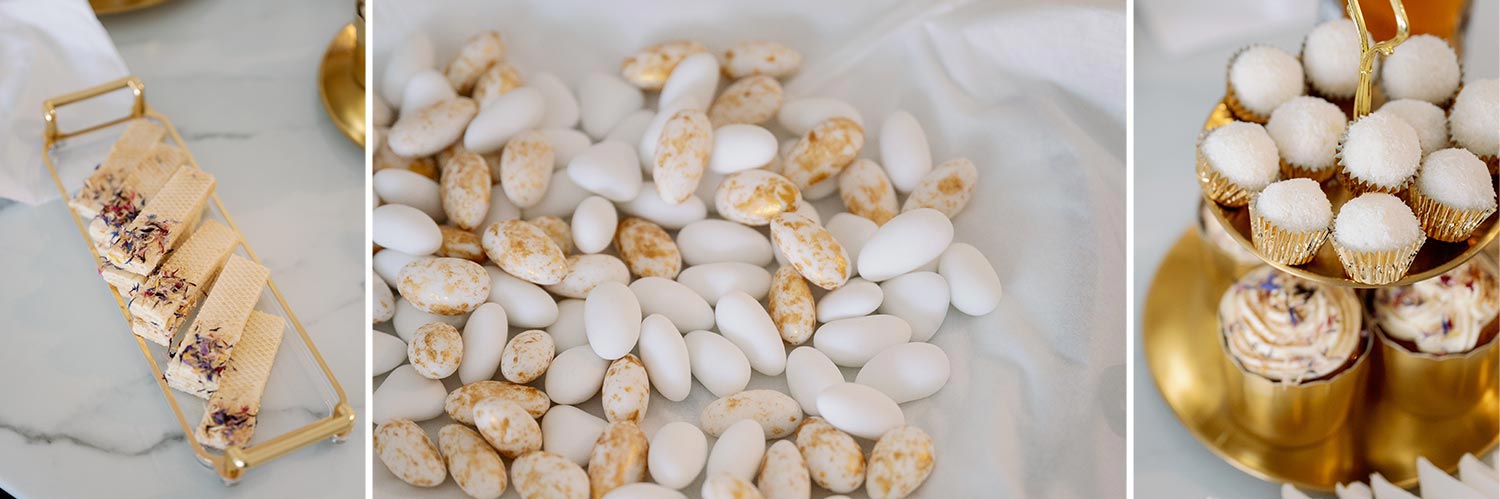 A Bridgerton Wedding in Greece 11 Elegant white and gold wedding favors and treats for the Rogdaki Events Wedding