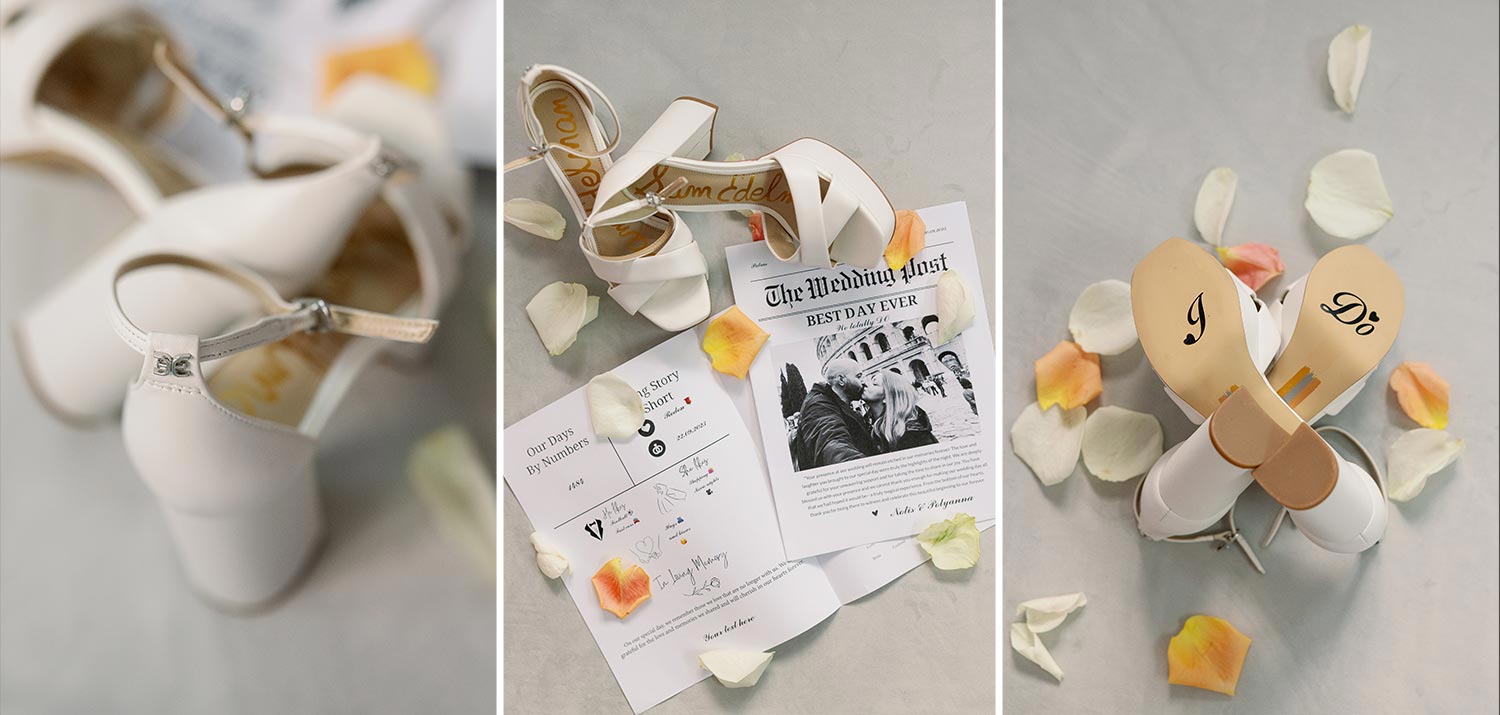 A Bridgerton Wedding in Greece 4 Elegant white heels and a Wedding Post newspaper for the Rogdaki Events Wedding