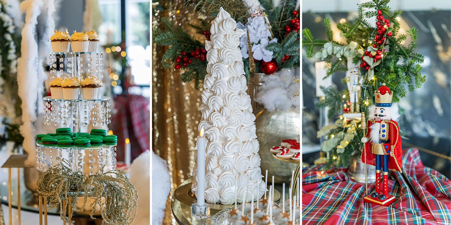 Χριστουγεννιάτικη Βάπτιση με Θέμα Σύννεφα & Αστέρια 21 Γιορτινό dessert table με cupcakes, μπεζέ δέντρο και καρυοθραύστη σε premium styling Rogdaki Events