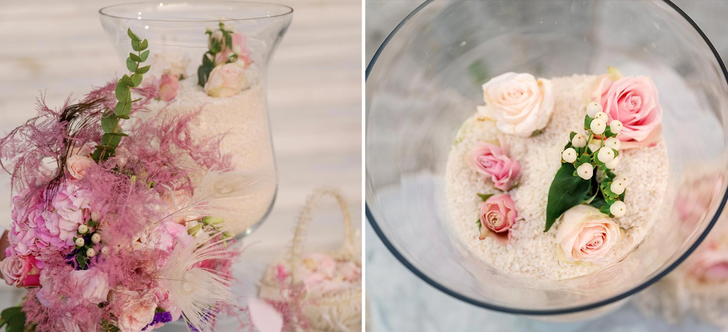 A Bridgerton Wedding in Greece 20 Glass vases filled with rice and delicate pink roses for the Rogdaki Events Wedding