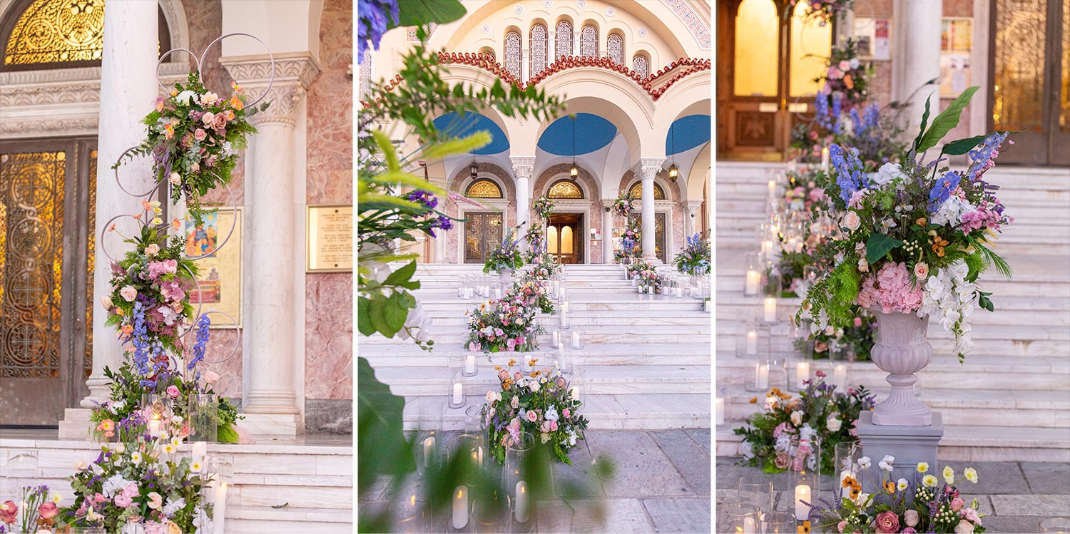 A Bridgerton Wedding in Greece 19 Grand floral pillars and candles framing the entrance of Saint Andrew for the Rogdaki Events Wedding.