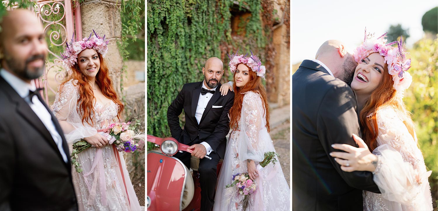 A Bridgerton Wedding in Greece 55 Highlights from the couple's romantic photoshoot against a stone backdrop with the vintage Vespa, capturing the joy of Notis and Polyanna