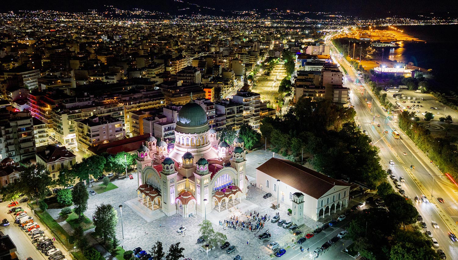 A Bridgerton Wedding in Greece 30 Panoramic night view of Saint Andrew Church in Patras from a wedding by Rogdaki Events