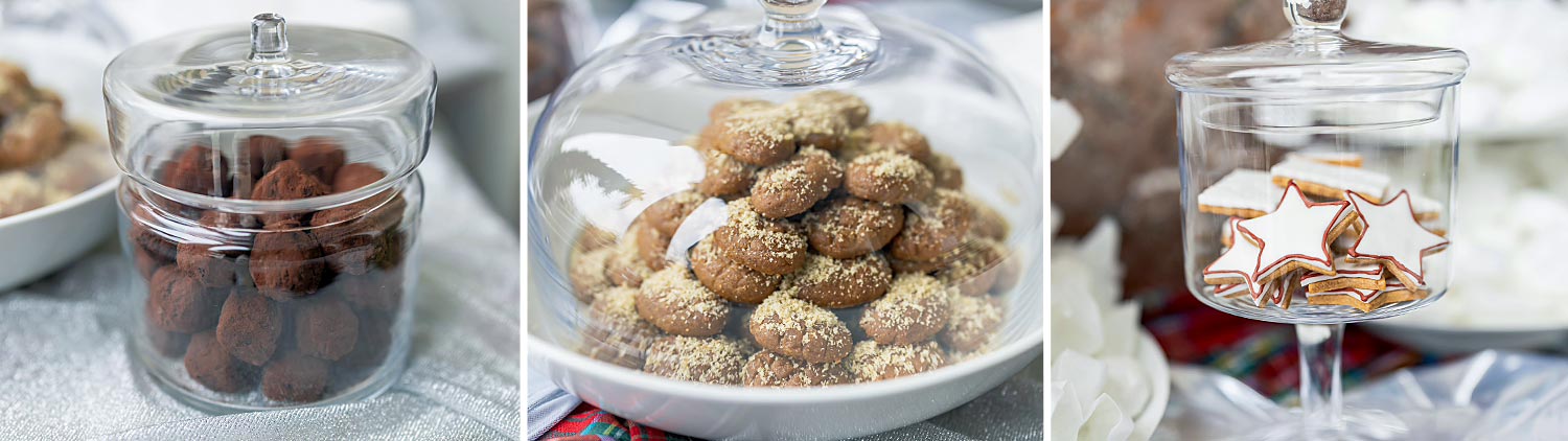 Χριστουγεννιάτικη Βάπτιση με Θέμα Σύννεφα & Αστέρια 8 Rogdaki Events Design Χριστουγεννιάτικη Βάπτιση Σύννεφα και Αστέρια candy bar με μελομακάρονα τρούφες και μπισκότα αστέρια σε γυάλες.