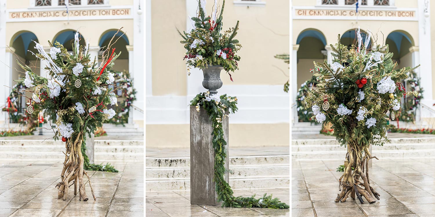 Χριστουγεννιάτικη Βάπτιση με Θέμα Σύννεφα & Αστέρια 7 Rogdaki Events Design Χριστουγεννιάτικη Βάπτιση Σύννεφα και Αστέρια ανθοστήλες σε τσιμεντένια βάθρα με έλατο και λευκά άνθη.