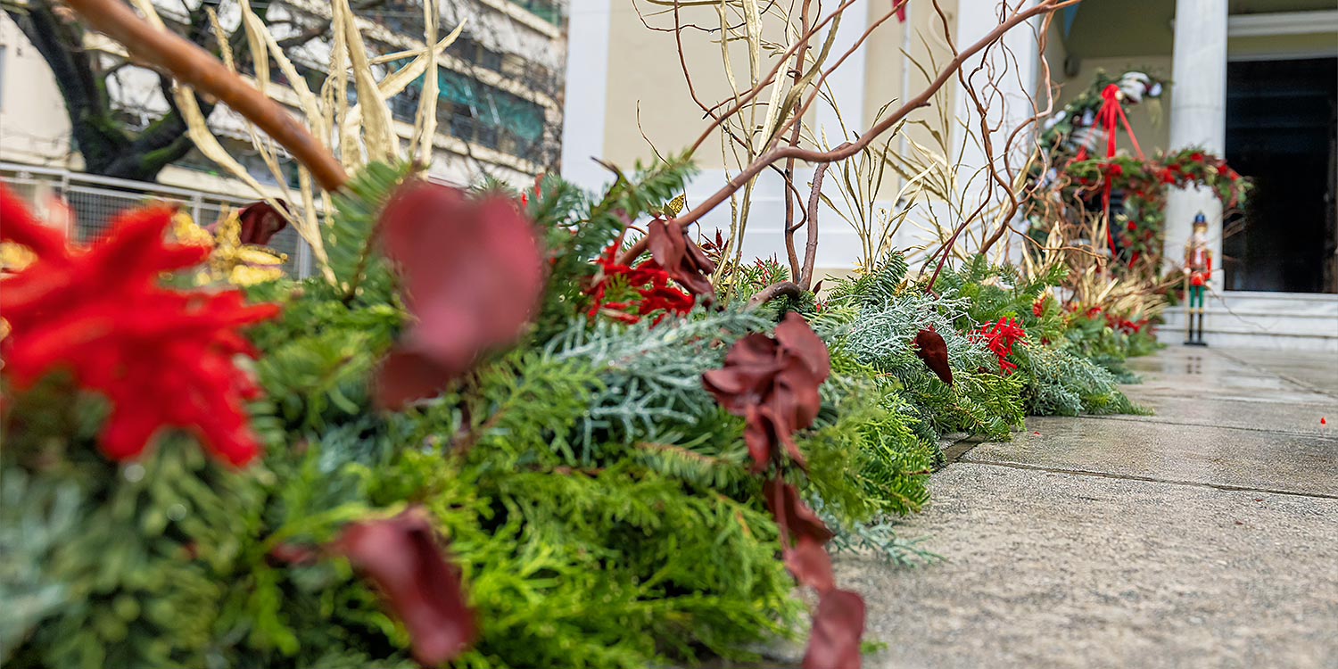 Χριστουγεννιάτικη Βάπτιση με Θέμα Σύννεφα & Αστέρια 5 Rogdaki Events Design Χριστουγεννιάτικη Βάπτιση Σύννεφα και Αστέρια, διακόσμησης διαδρόμου με φυσικό έλατο και κόκκινα λουλούδια.