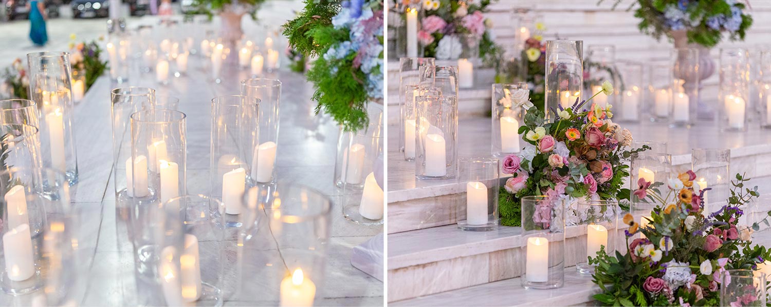A Bridgerton Wedding in Greece 21 Romantic candlelight and lush floral clusters illuminating the marble steps for the Rogdaki Events Wedding
