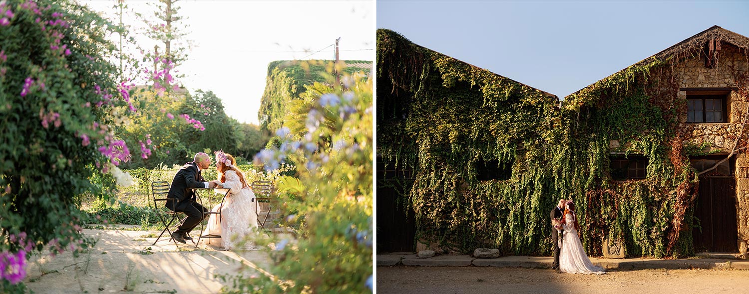 A Bridgerton Wedding in Greece 57 Romantic shots of Notis and Polyanna set against bougainvilleas and ivy covered stone buildings