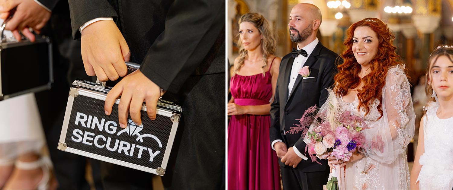 A Bridgerton Wedding in Greece 25 The Ring Security briefcase and the couple during the ceremony for a wedding by Rogdaki Events