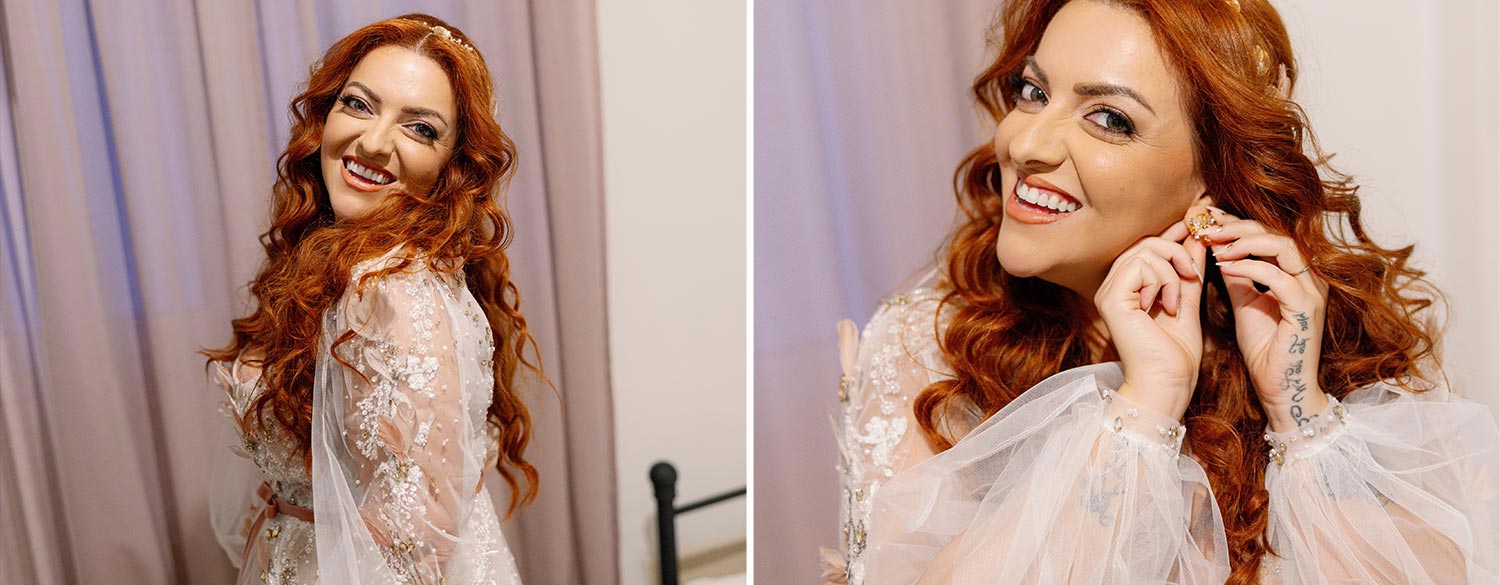 A Bridgerton Wedding in Greece 9 The bride getting ready and putting on her earrings for her wedding by Rogdaki Events