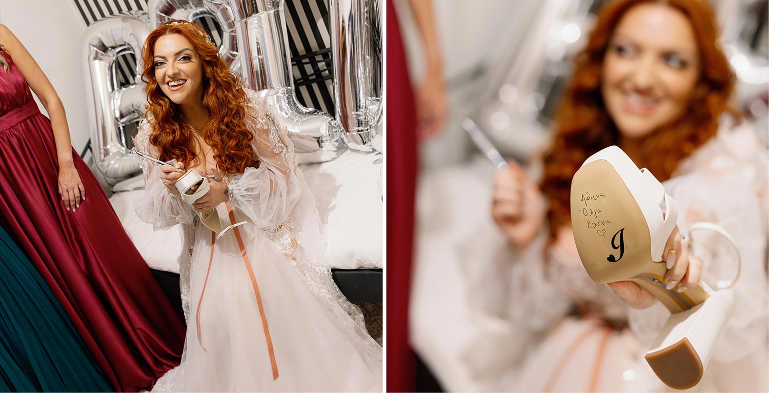 A Bridgerton Wedding in Greece 10 The bride writing her bridesmaids' names on the soles of her wedding shoes for her wedding by Rogdaki Events