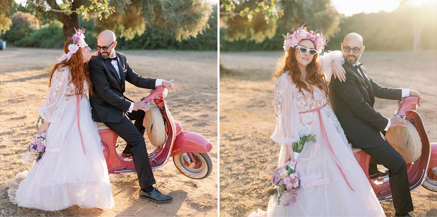 A Bridgerton Wedding in Greece 54 The couple in a playful photoshoot with a vintage pink Vespa, wearing stylish sunglasses