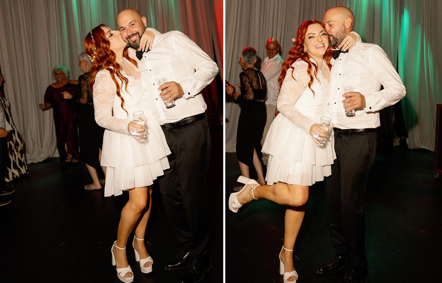 A Bridgerton Wedding in Greece 48 The couple sharing tender moments during the reception party at the Royal venue, with the bride wearing a second, short bridal dress