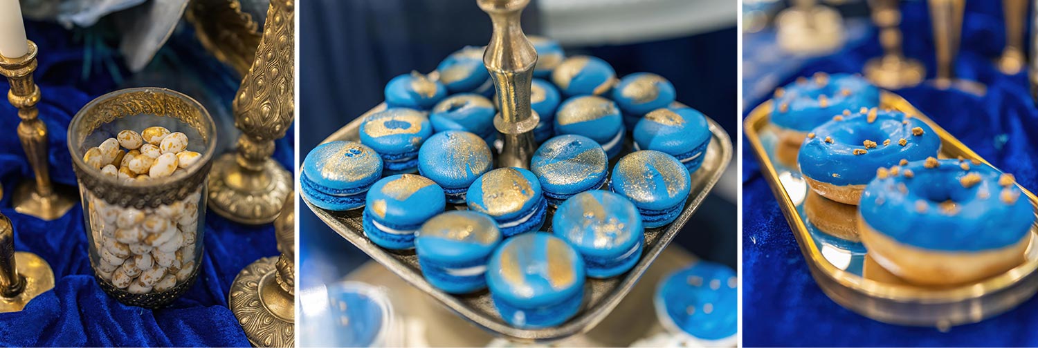Βάπτιση Royal Baby | Elegant Στολισμός Μπλε & Χρυσό 13 Blue & gold macarons και donuts από τη Rogdaki Events, ιδανικά για το candy bar μιας βασιλικής βάπτισης