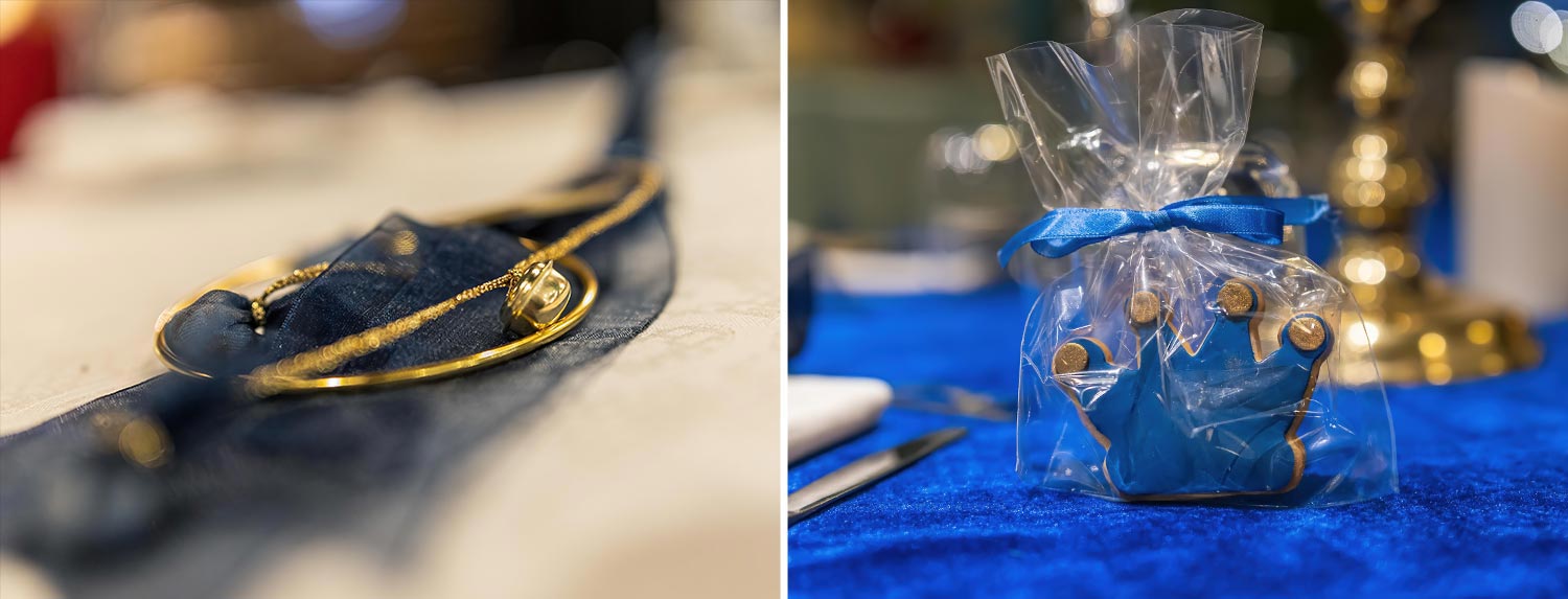 Βάπτιση Royal Baby | Elegant Στολισμός Μπλε & Χρυσό 12 Χειροποίητα μπισκότα κορώνες και κομψές μπομπονιέρες από τη Rogdaki Events για τη βάπτιση Royal Baby