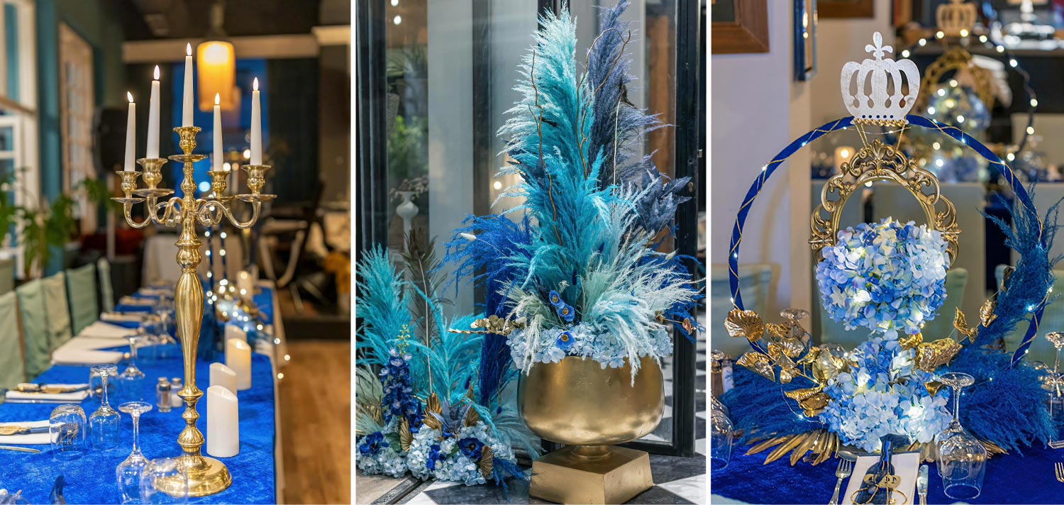 Βάπτιση Royal Baby | Elegant Στολισμός Μπλε & Χρυσό 11 Χρυσά κηροπήγια και αριστοκρατικά centerpieces από τη Rogdaki Events για μια ονειρεμένη βάπτιση Royal Baby στο Lido