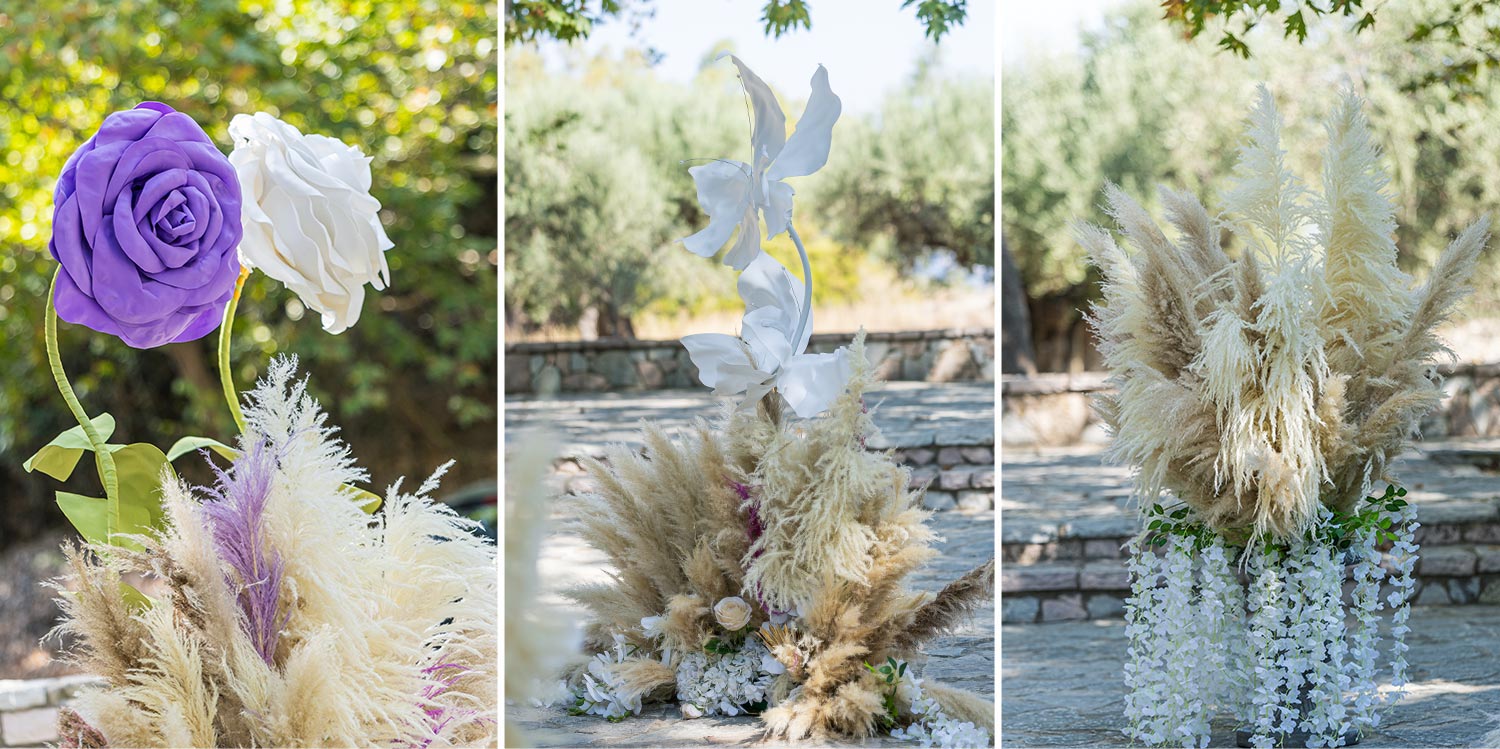 Whimsical Forest Christening with Oversized Floral Decor 14 Detailed forest christening decor elements featuring pampas grass and flowers by Rogdaki Events
