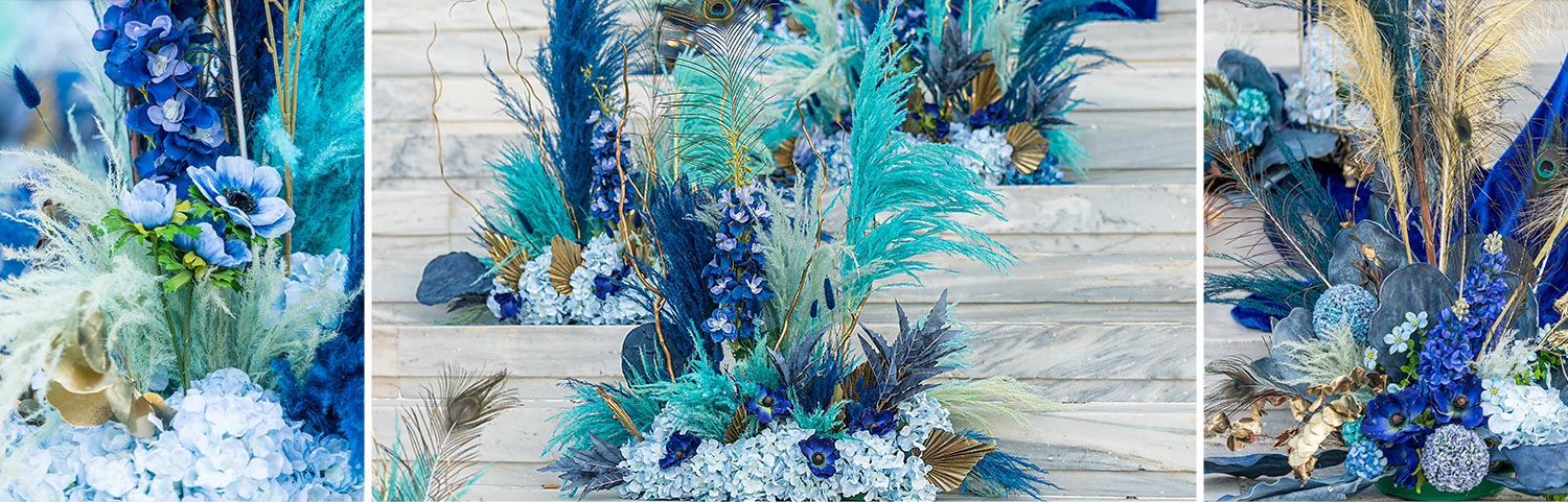 Βάπτιση Royal Baby | Elegant Στολισμός Μπλε & Χρυσό 5 Λεπτομέρειες floral στολισμού από τη Rogdaki Events με μπλε pampas και χρυσά στοιχεία για τη βάπτιση Royal Baby