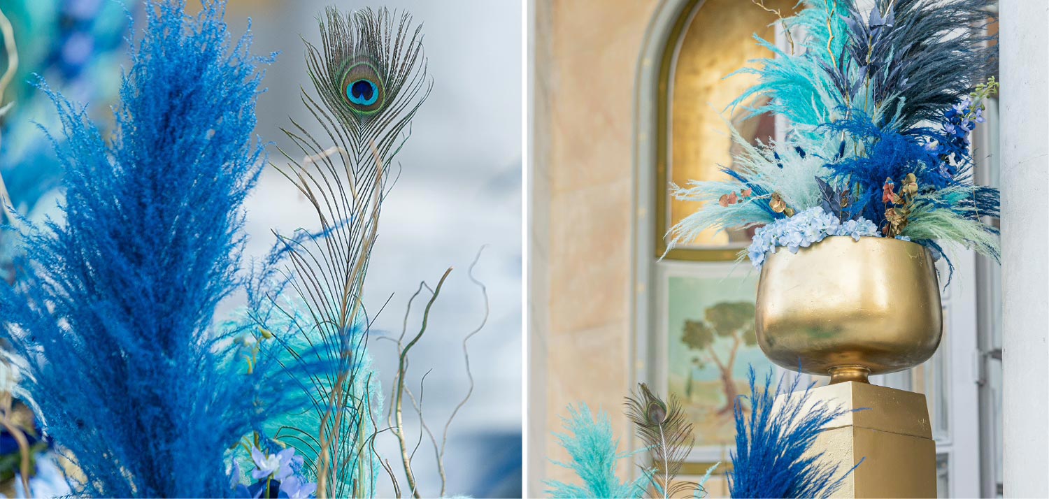 Βάπτιση Royal Baby | Elegant Στολισμός Μπλε & Χρυσό 2 Λεπτομέρειες στολισμού από τη Rogdaki Events με μπλε pampas και χρυσά στοιχεία για τη βάπτιση Royal Baby στην Πάτρα