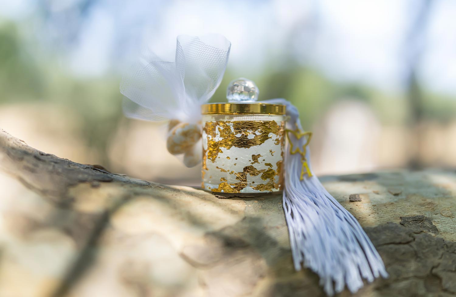 Whimsical Forest Christening with Oversized Floral Decor 12 Luxury baptism favor jars with gold leaf details, selected by Rogdaki Events