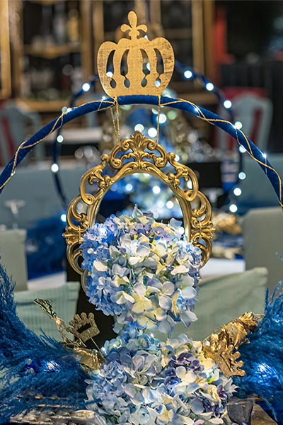 Majestic entrance decoration by Rogdaki Events at Pantanassa Church in Patras for a Royal Baby themed baptism