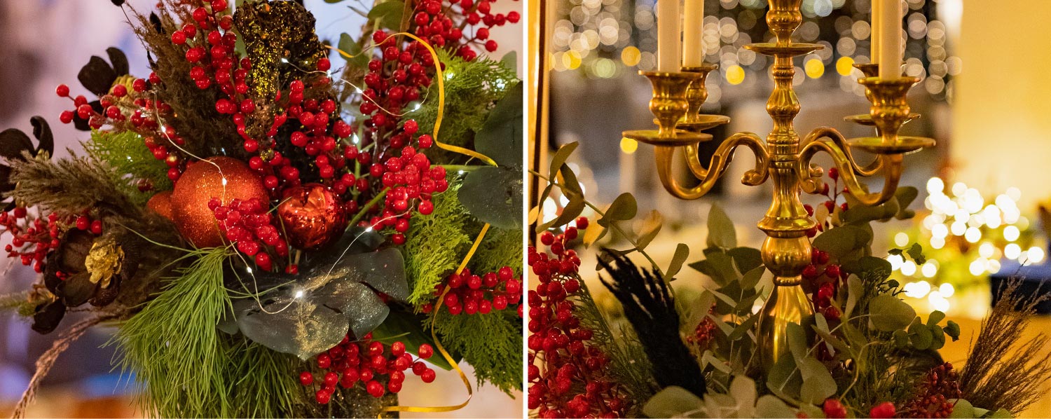 Moorings – Εταιρικό Χριστουγεννιάτικο Event /Astir Marina 20 Rogdaki Events Moorings christmas floral arrangement gold candelabra red berries decor