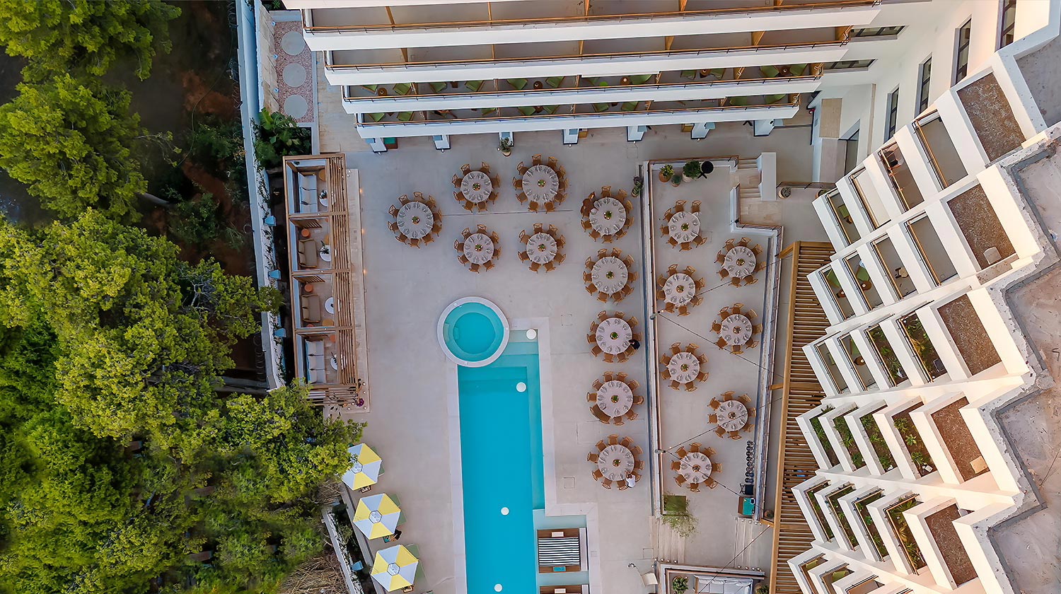 Aerial shot of a business gathering at Ace Hotel Athens and outdoor space organization by Rogdaki Events Design.