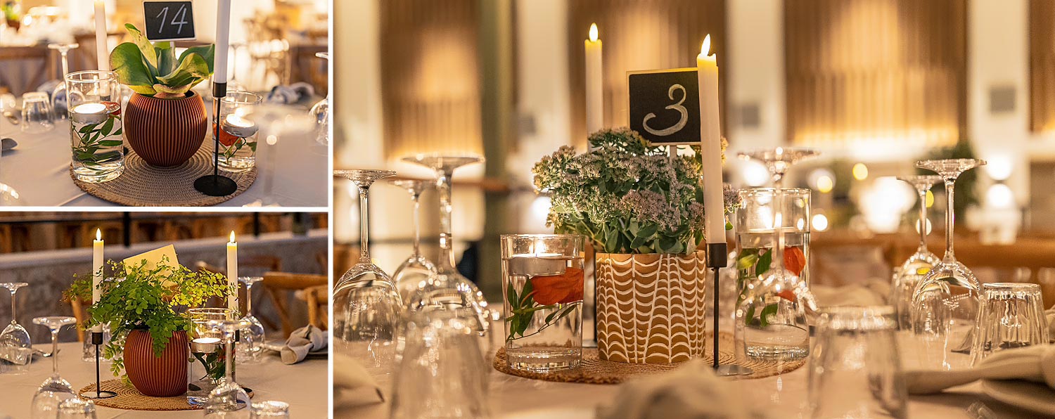 Detail of corporate event decor featuring natural materials and earthy tones by Rogdaki Events Design.