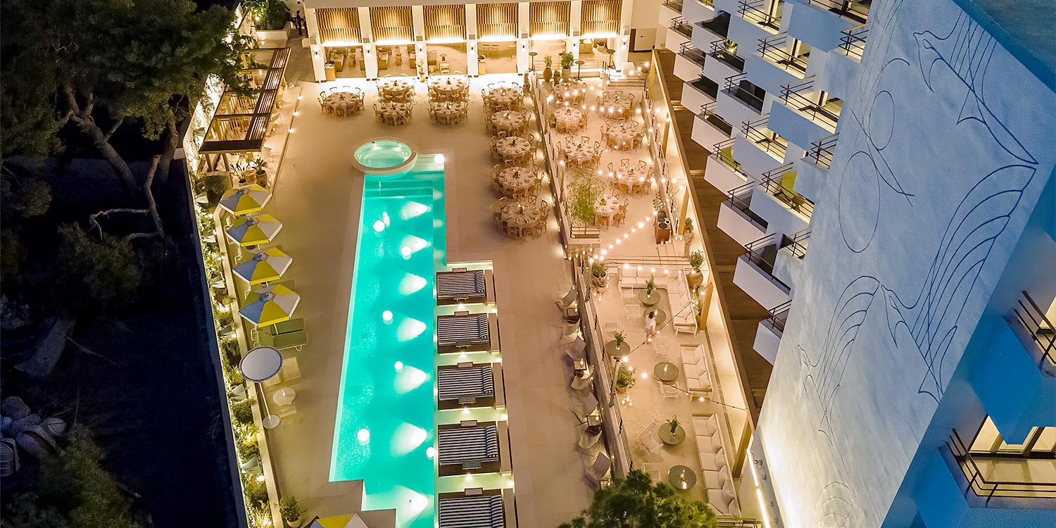Overview of the corporate event styling by Rogdaki Events Design at the Ace Hotel Athens pool area.