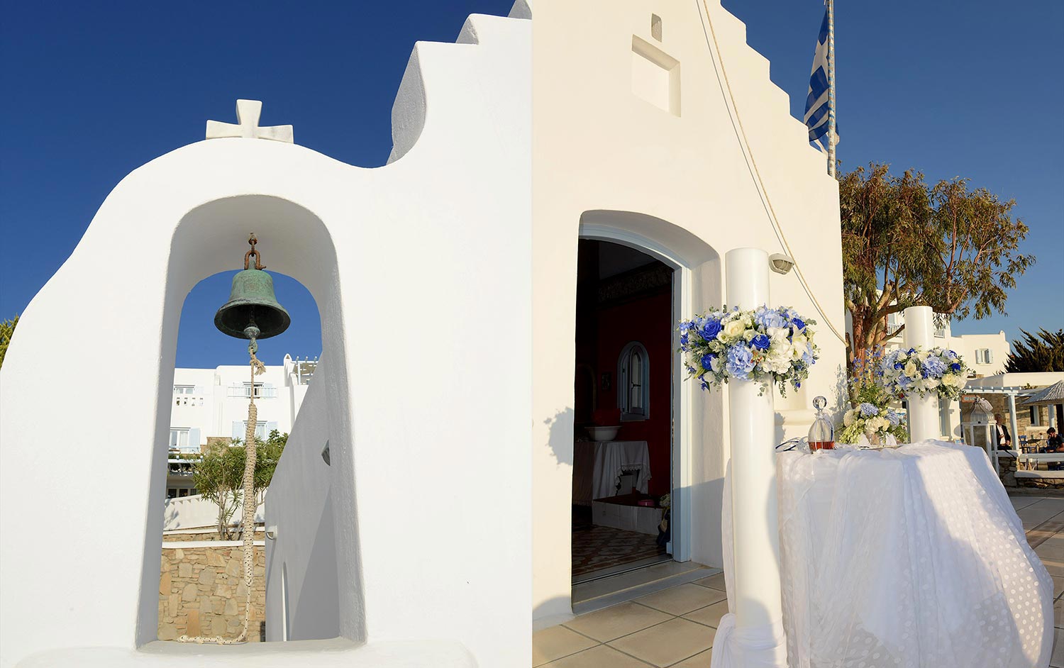 Mykonos | Japanese-Romanian Destination Wedding 8 A charming chapel setup for a Japanese Romanian wedding at Saint John resort in Mykonos, by Rogdaki Events