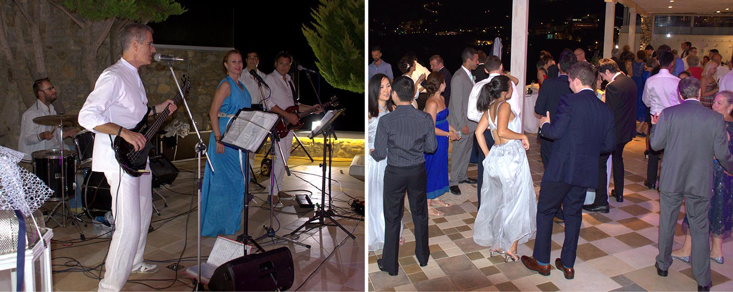Mykonos | Japanese-Romanian Destination Wedding 34 A live band performing for guests at a Japanese Romanian wedding in Mykonos' Saint John, by Rogdaki Events