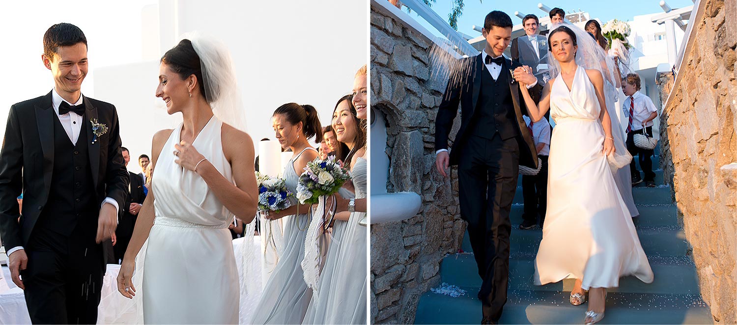 Mykonos | Japanese-Romanian Destination Wedding 24 The content newlyweds walking together during their Japanese Romanian wedding at Saint John resort in Mykonos, by Rogdaki Events