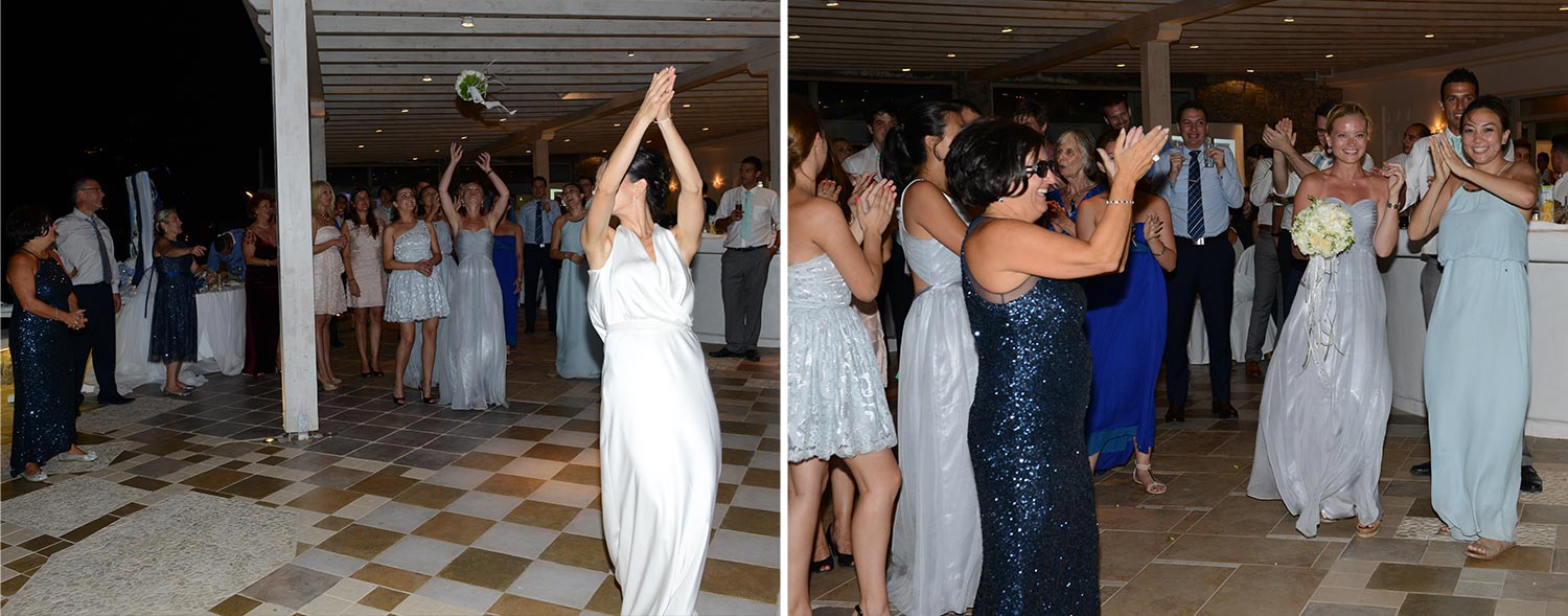 Mykonos | Japanese-Romanian Destination Wedding 32 The newlywed tossing her bouquet at a Japanese Romanian wedding in Mykonos' Saint John, by Rogdaki Events